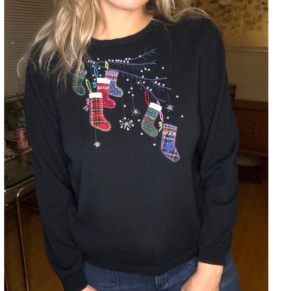 Vintage 90s Christmas Sweater Women's Medium Beaded Embroidered Stockings Snow